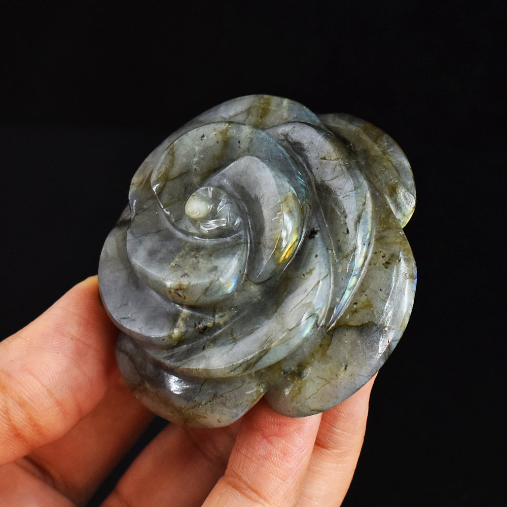 Craftsmen 494.00 Carats  Genuine Golden & Blue Flash Labradorite Hand Carved  Gemstone  Rose Flower Carving