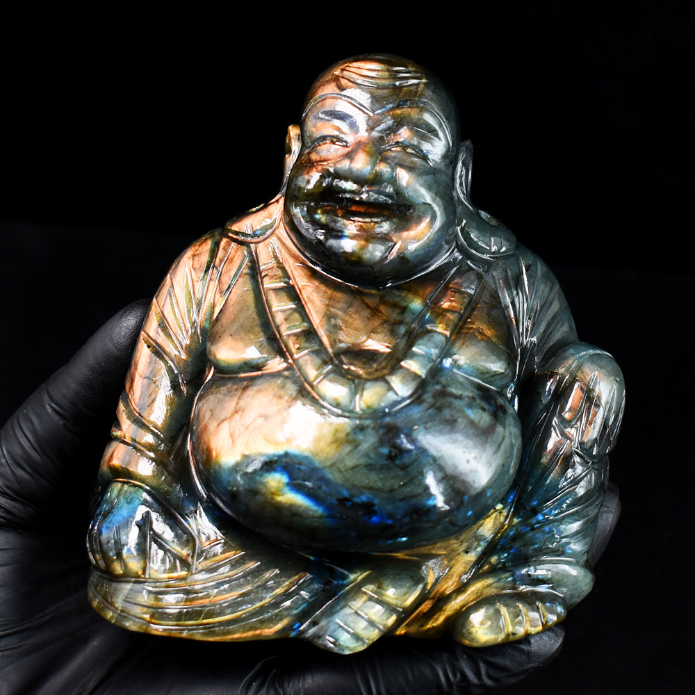 Beautiful 4866.00 Cts Genuine Amazing Flash Labradorite Hand Carved Gemstone Laughing Buddha Carving