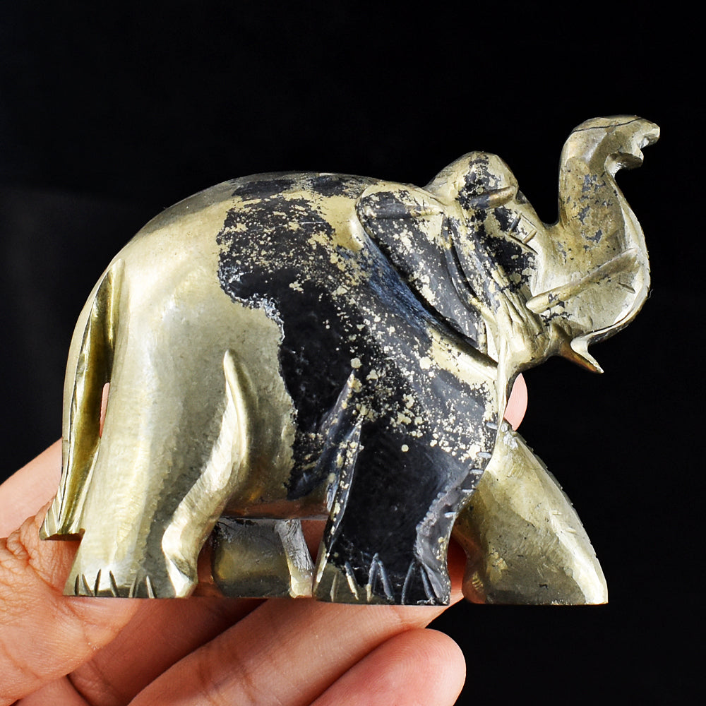 Exclusive 1192.00 Cts Genuine Pyrite Hand Carved Crystal Gemstone Elephant Carving