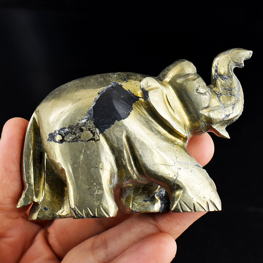 Natural 1368.00 Cts Genuine Pyrite Elephant Hand Carved Crystal Gemstone Elephant Carving