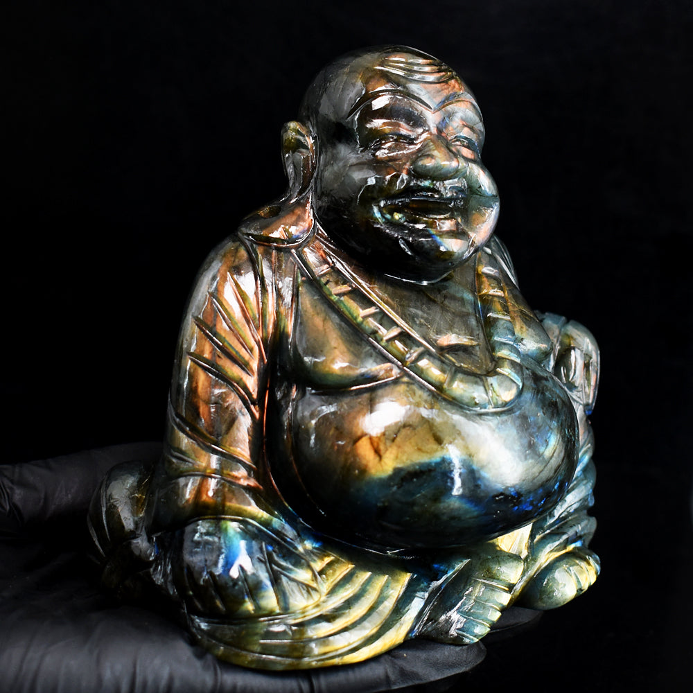 Beautiful 4866.00 Cts Genuine Amazing Flash Labradorite Hand Carved Gemstone Laughing Buddha Carving