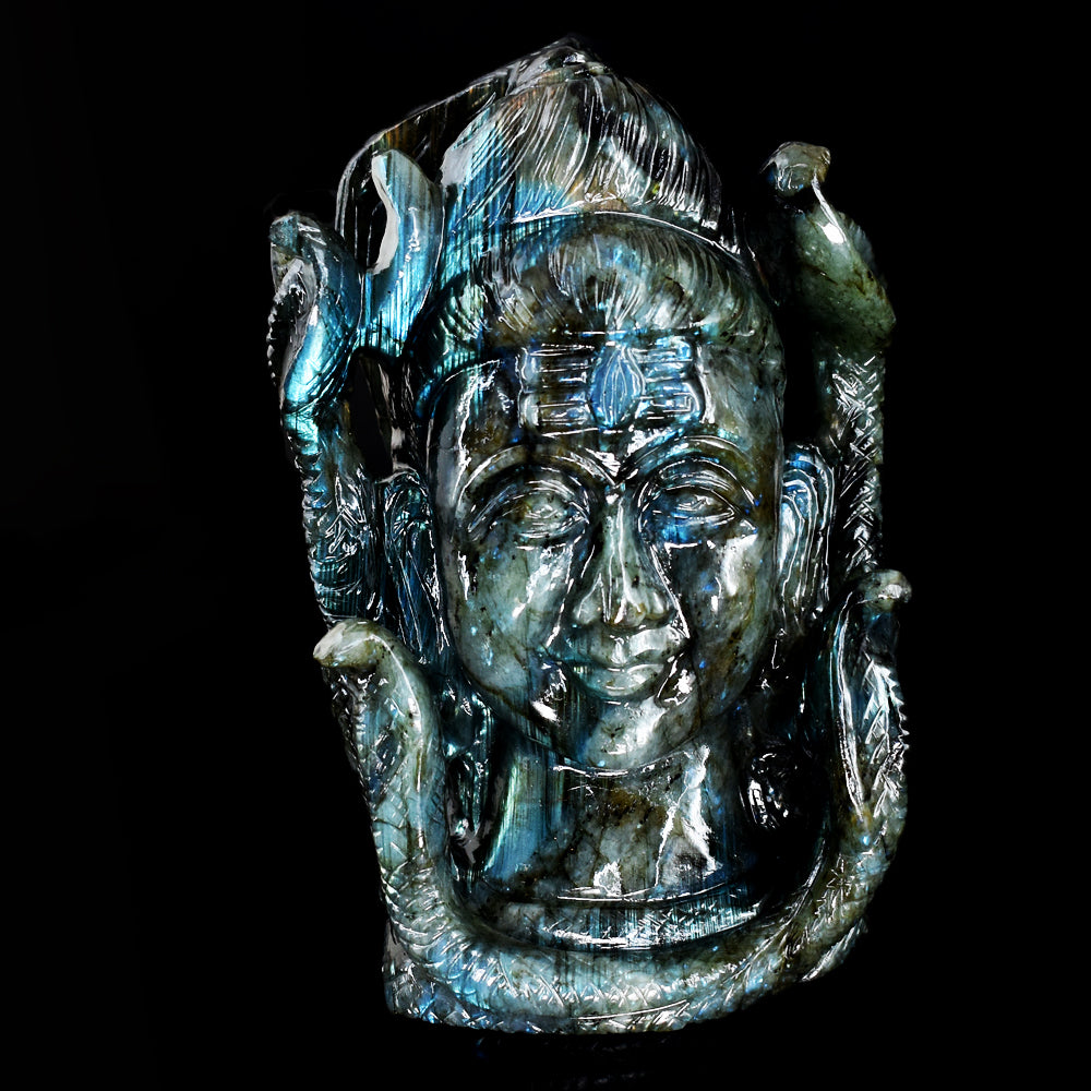 Gorgeous 7314.00 Cts Genuine Blue Flash Labradorite Hand Carved Gemstone Crystal Shiva Head Carving