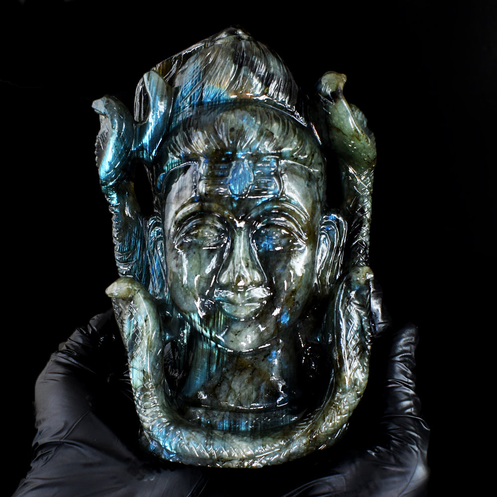 Gorgeous 7314.00 Cts Genuine Blue Flash Labradorite Hand Carved Gemstone Crystal Shiva Head Carving