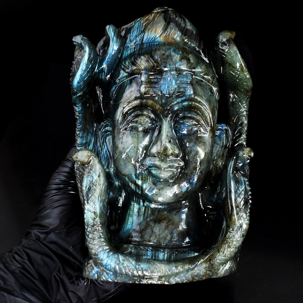 Gorgeous 7314.00 Cts Genuine Blue Flash Labradorite Hand Carved Gemstone Crystal Shiva Head Carving