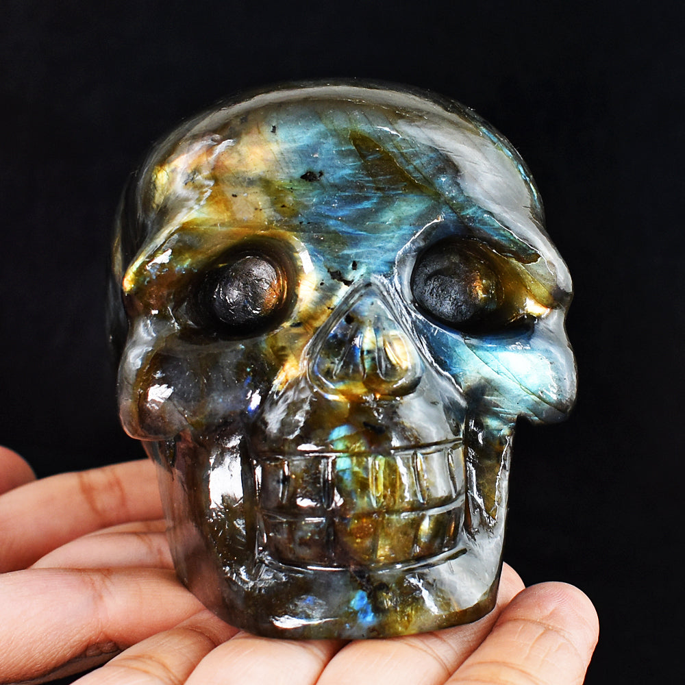 Amazing 4250.00 Cts Genuine Golden & Blue Flash Labradorite Hand Carved Skull Gemstone Carving