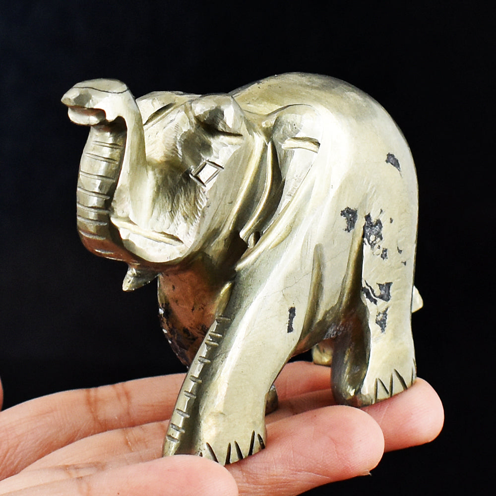 Exclusive 1192.00 Cts Genuine Pyrite Hand Carved Crystal Gemstone Elephant Carving