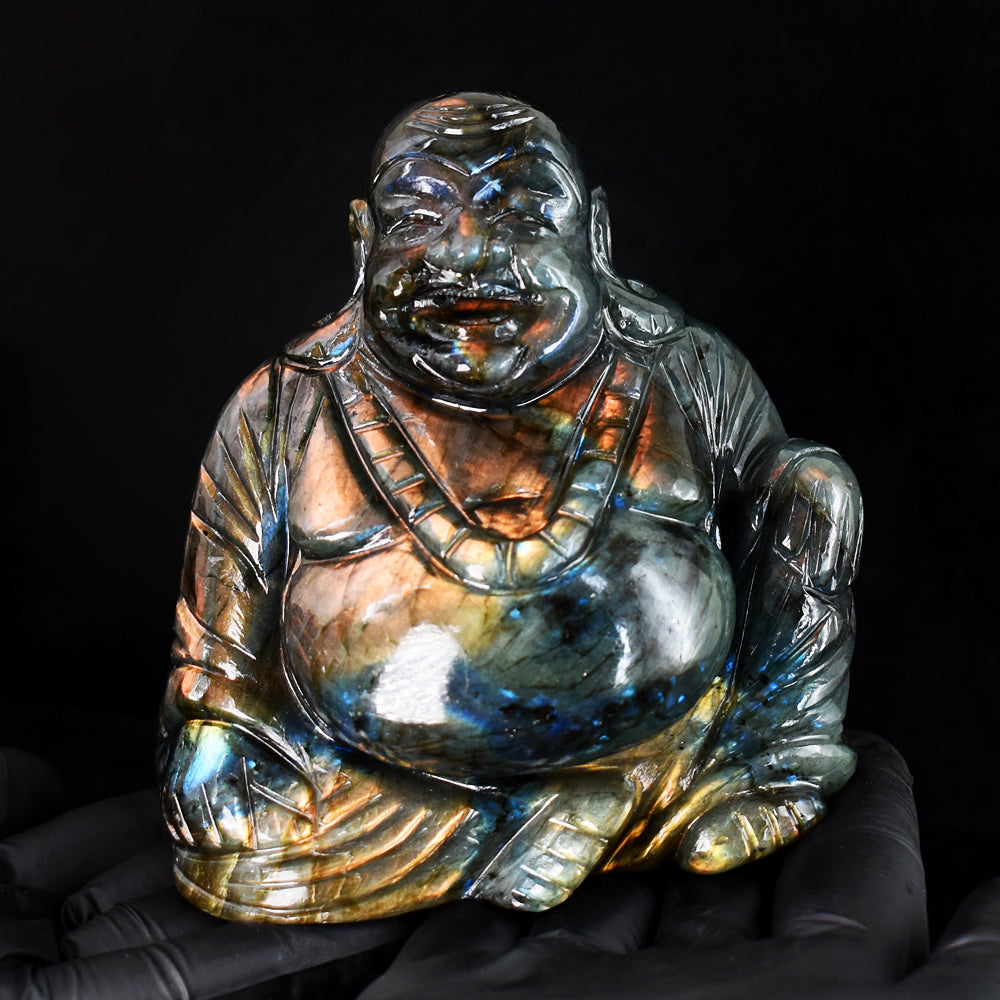 Beautiful 4866.00 Cts Genuine Amazing Flash Labradorite Hand Carved Gemstone Laughing Buddha Carving