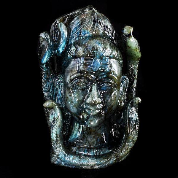 Gorgeous 7314.00 Cts Genuine Blue Flash Labradorite Hand Carved Gemstone Crystal Shiva Head Carving