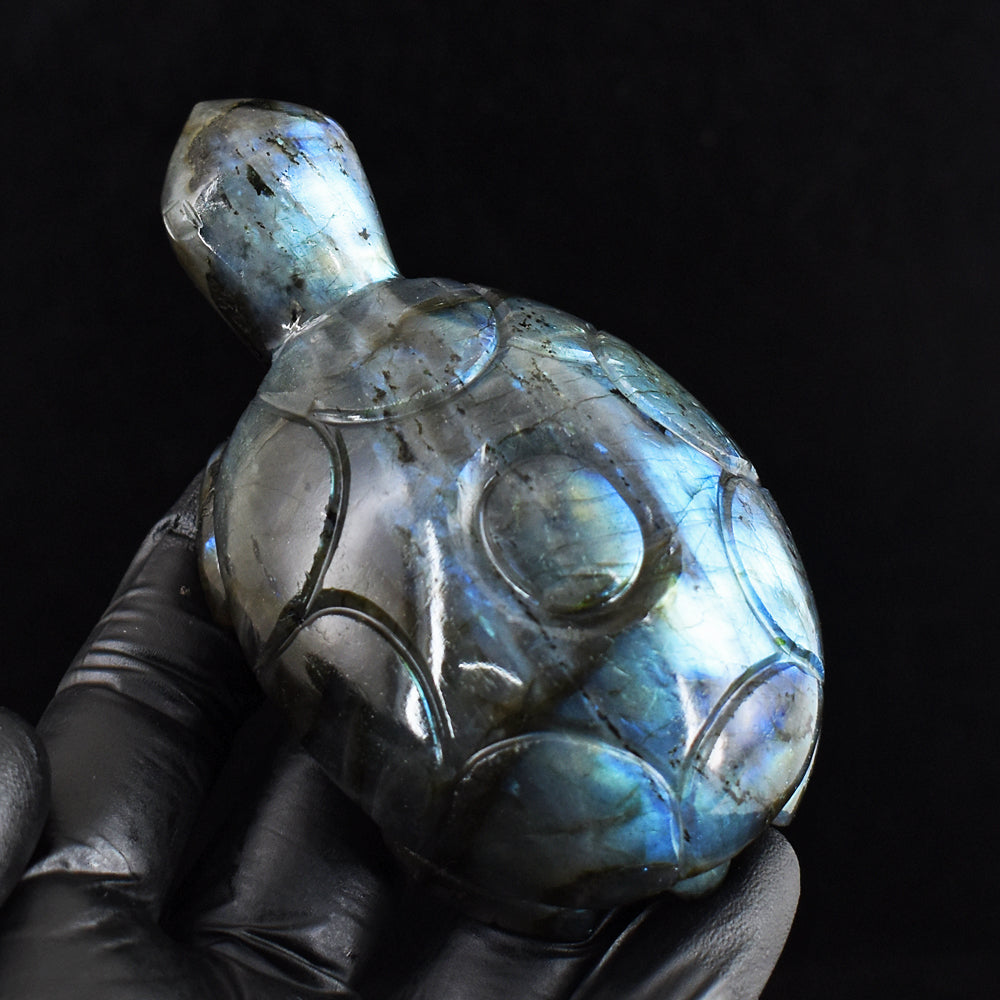 Amazing 938.00 Cts Genuine Blue Flash Labradorite Hand Carved Crystal Gemstone Turtle Carving