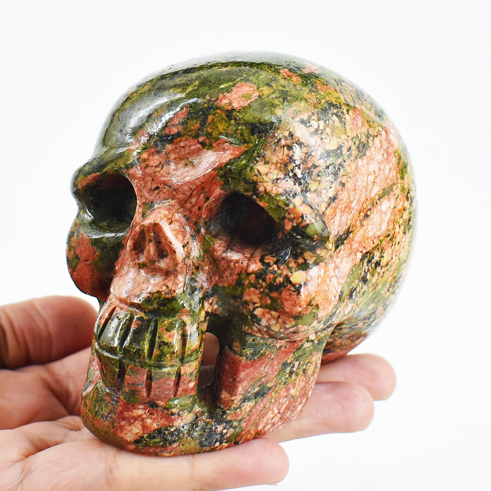 Natural 3375.00 Cts Genuine Blood Green Unakite Hand Carved Crystal Gemstone Skull Carving