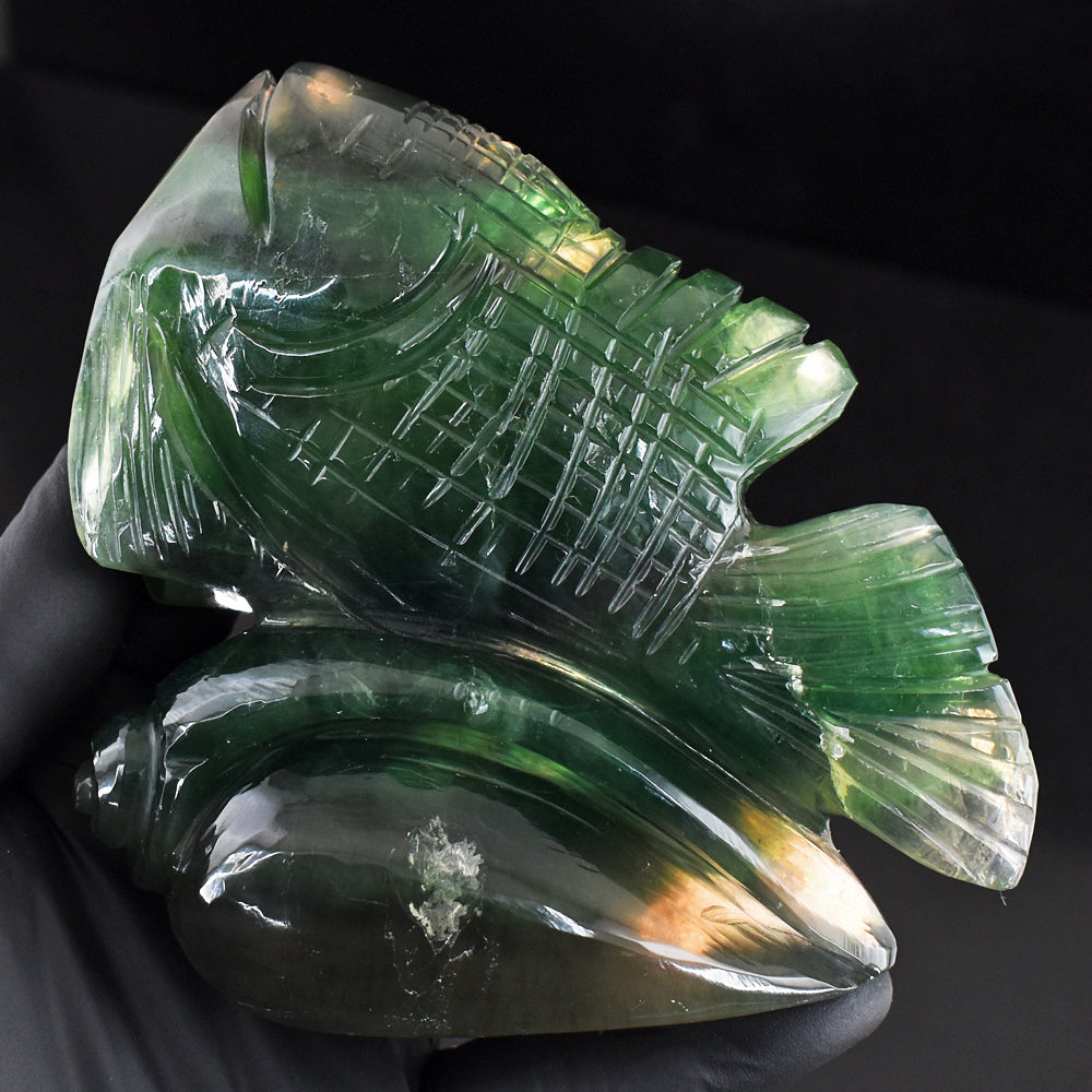 Artisian 2650.00 Cts Genuine Multicolor Fluorite Hand Carved Gemstone Fish Crystal Carving