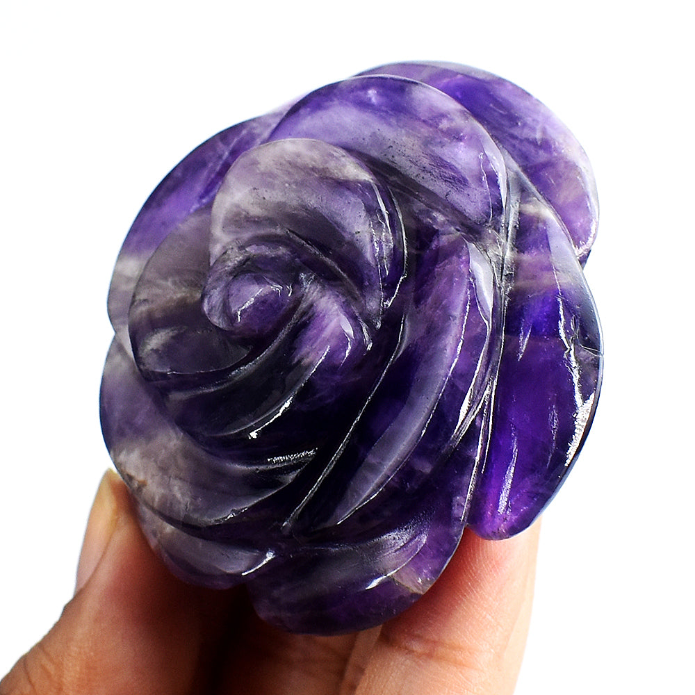 Exclusive  391.00 Carats  Genuine  Amethyst  Hand  Carved Rose  Flower  Gemstone  Carving