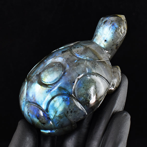 Amazing 938.00 Cts Genuine Blue Flash Labradorite Hand Carved Crystal Gemstone Turtle Carving