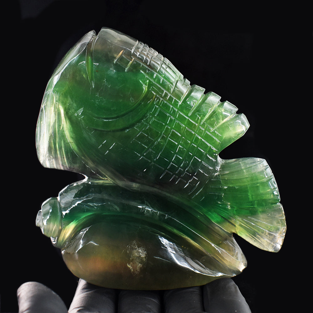 Artisian 2650.00 Cts Genuine Multicolor Fluorite Hand Carved Gemstone Fish Crystal Carving