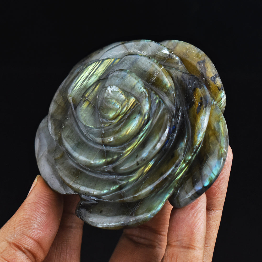 Golden  Flash Labradorite  988.00 Carats Genuine  Hand Carved Gemstone Rose Flower Carving