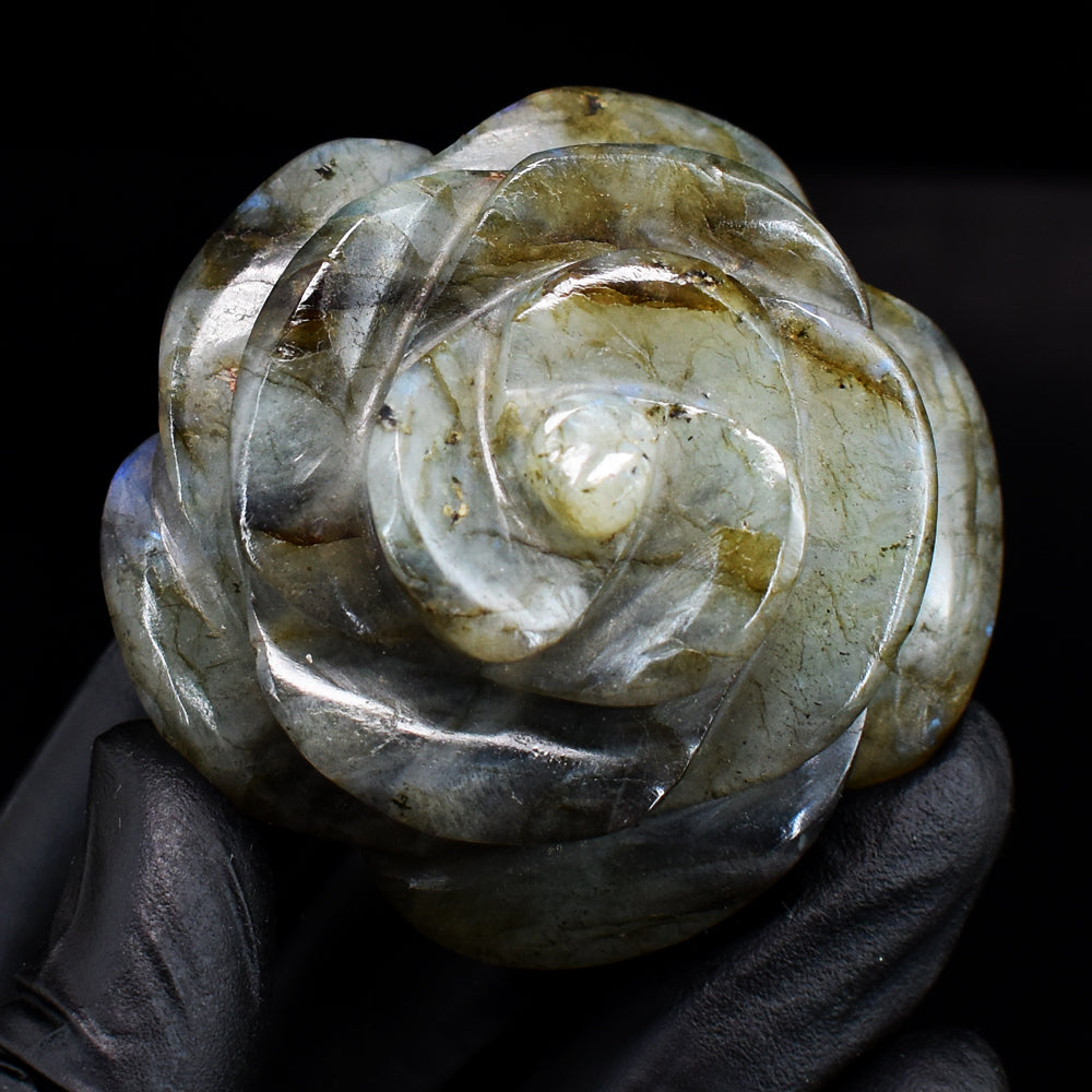 Craftsmen 437.00 Carats Genuine Blue Flash Labradorite Hand Carved Crystal Rose Gemstone Carving