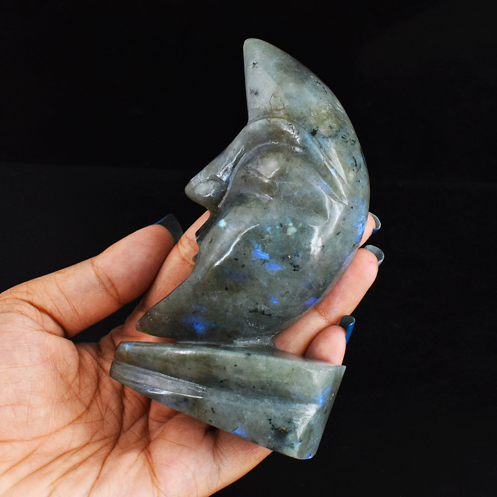 Exclusive  1126.00  Cts  Genuine Blue Flash Labradorite Moon With Stand Hand Carved Gemstone Carving