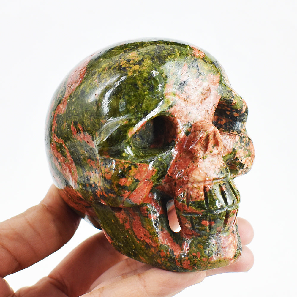 Natural 3375.00 Cts Genuine Blood Green Unakite Hand Carved Crystal Gemstone Skull Carving