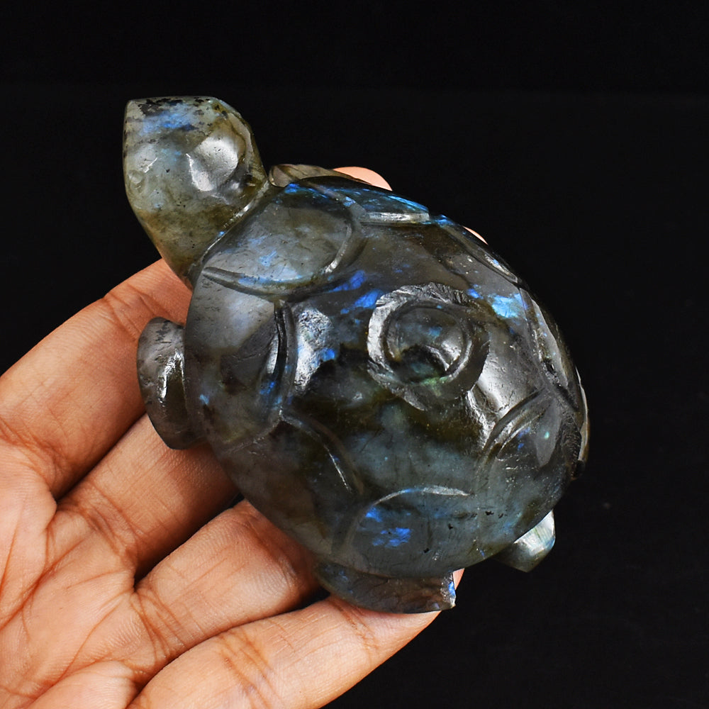 Beautiful  684.00 Carats Genuine Blue Flash Labradorite Hand Carved  Crystal  Turtle Carving