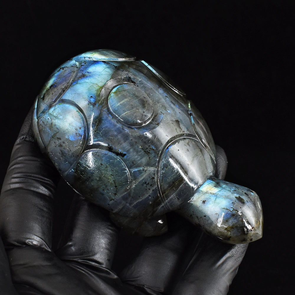 Amazing 938.00 Cts Genuine Blue Flash Labradorite Hand Carved Crystal Gemstone Turtle Carving