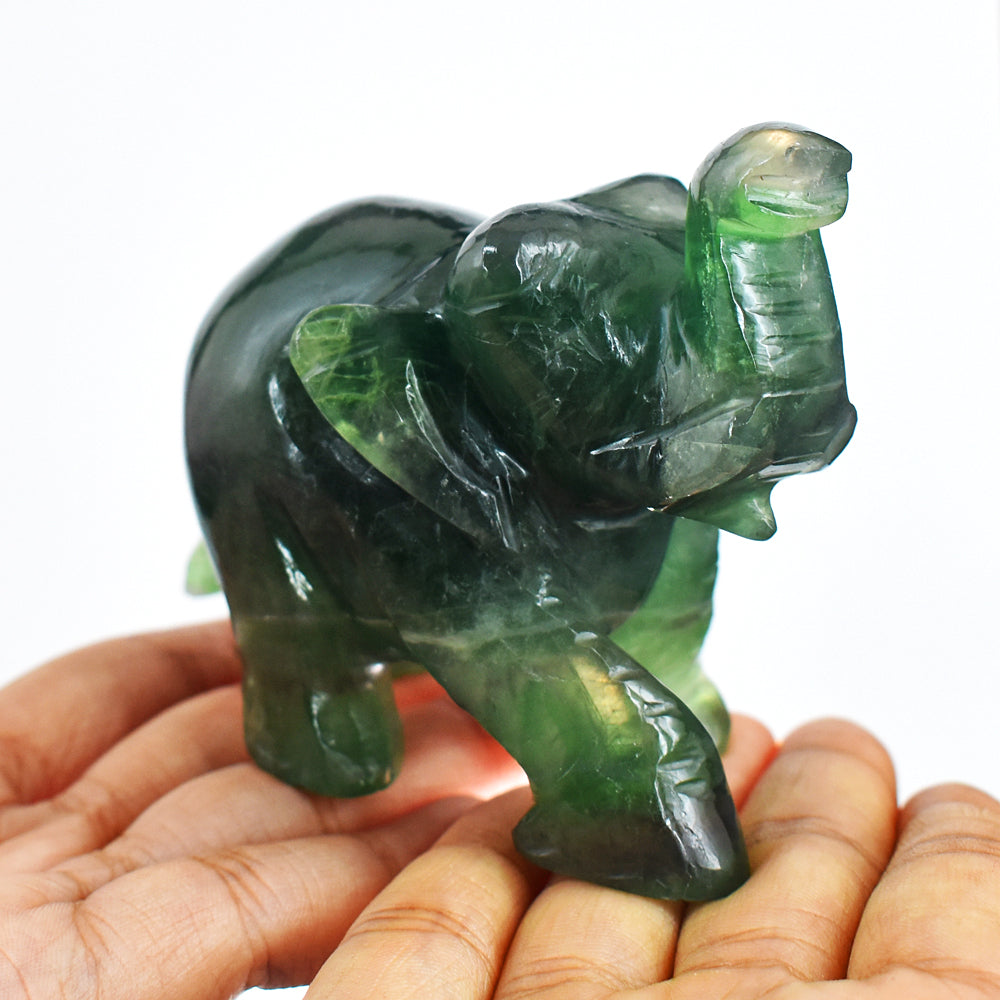 Natural 1309.00 Cts Genuine Green Fluorite Hand Carved Crystal Elephant Gemstone Carving