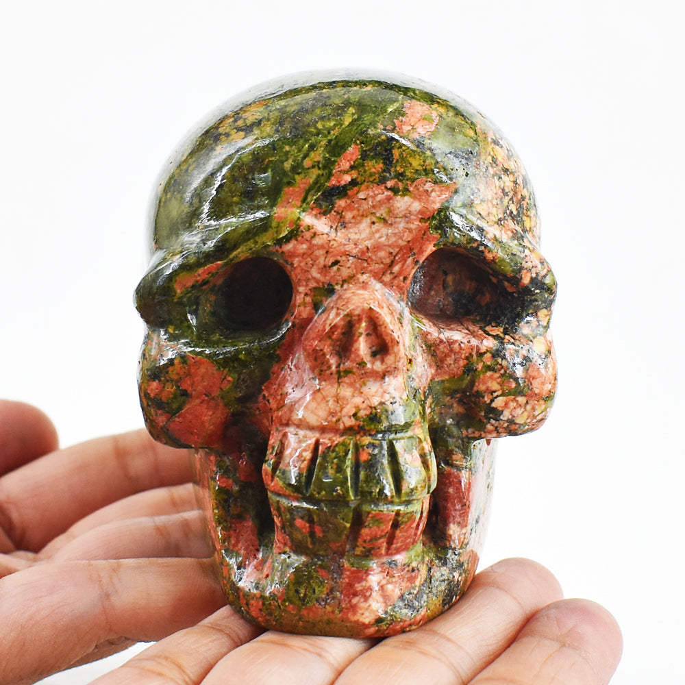 Natural 3375.00 Cts Genuine Blood Green Unakite Hand Carved Crystal Gemstone Skull Carving