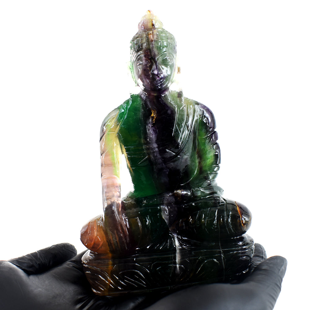 Exclusive 5333.00 Cts Genuine Multicolor Fluorite Hand Carved Crystal Gemstone Buddha Idol Carving