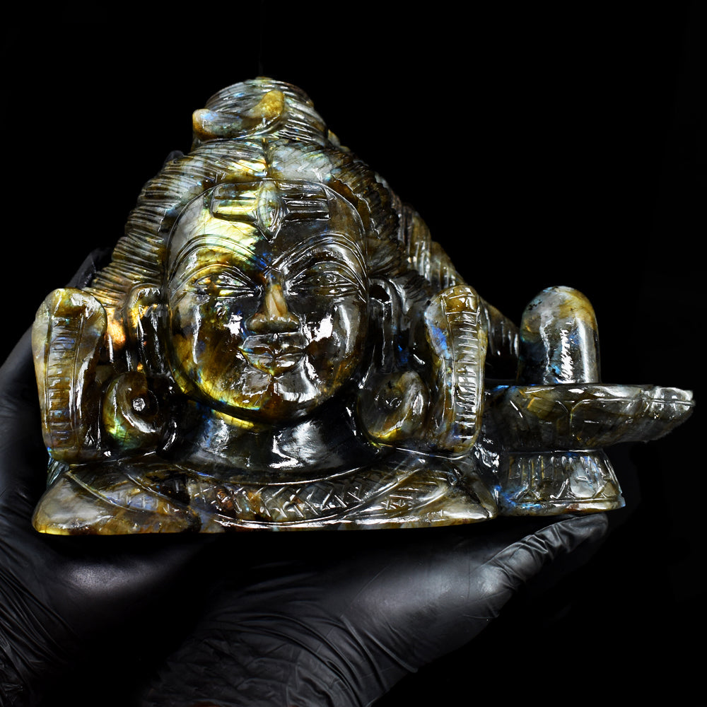 Artisian 12030.00 Cts Genuine Golden & Blue Flash Labradorite Hand Carved Crystal Shiva Head With Shivling Carving