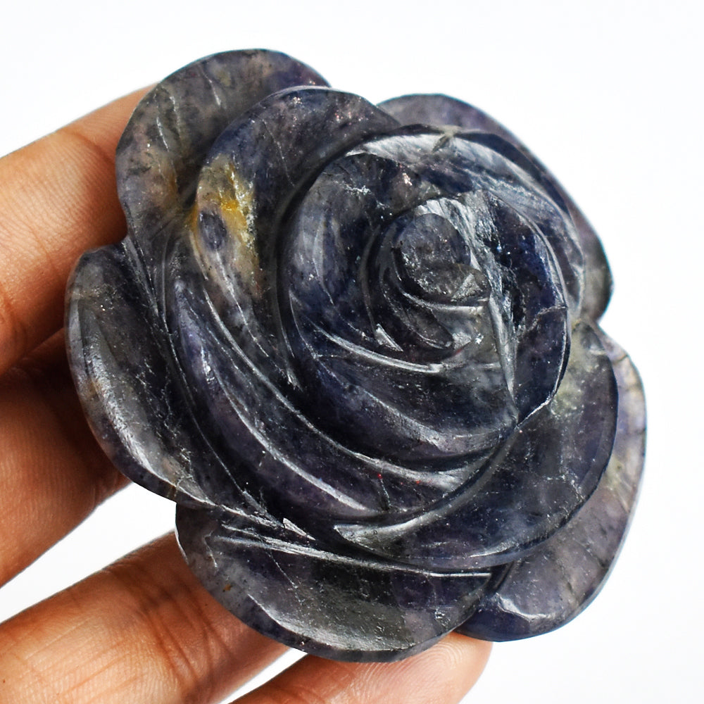 Natural  396.00  Carats  Genuine  Hand  Carved  Blue  Iolite  Flower  Rose  Gemstone  Carving