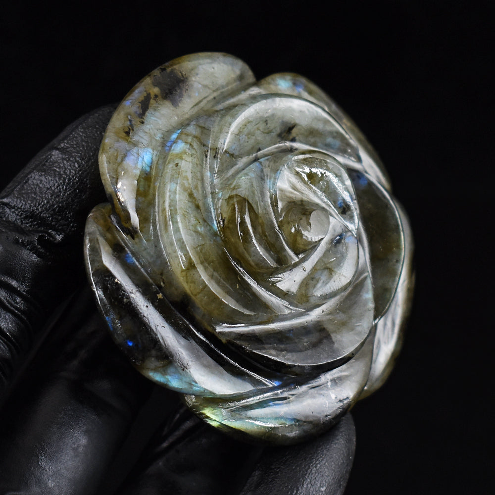 Genuine 490.00 Cts Blue Flash Labradorite Hand Carved Crystal Gemstone Rose Carving