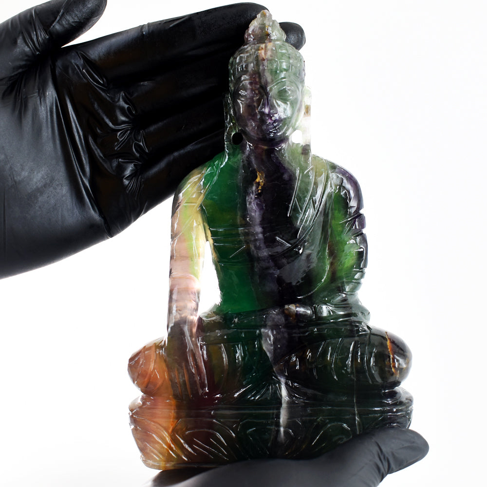 Exclusive 5333.00 Cts Genuine Multicolor Fluorite Hand Carved Crystal Gemstone Buddha Idol Carving