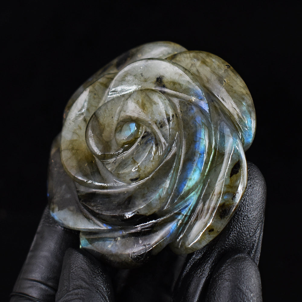 Genuine 490.00 Cts Blue Flash Labradorite Hand Carved Crystal Gemstone Rose Carving