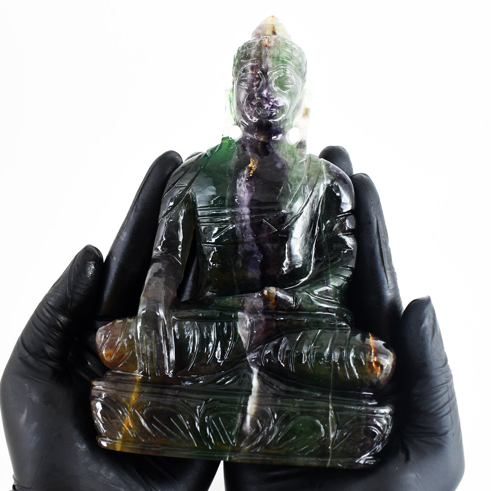 Exclusive 5333.00 Cts Genuine Multicolor Fluorite Hand Carved Crystal Gemstone Buddha Idol Carving