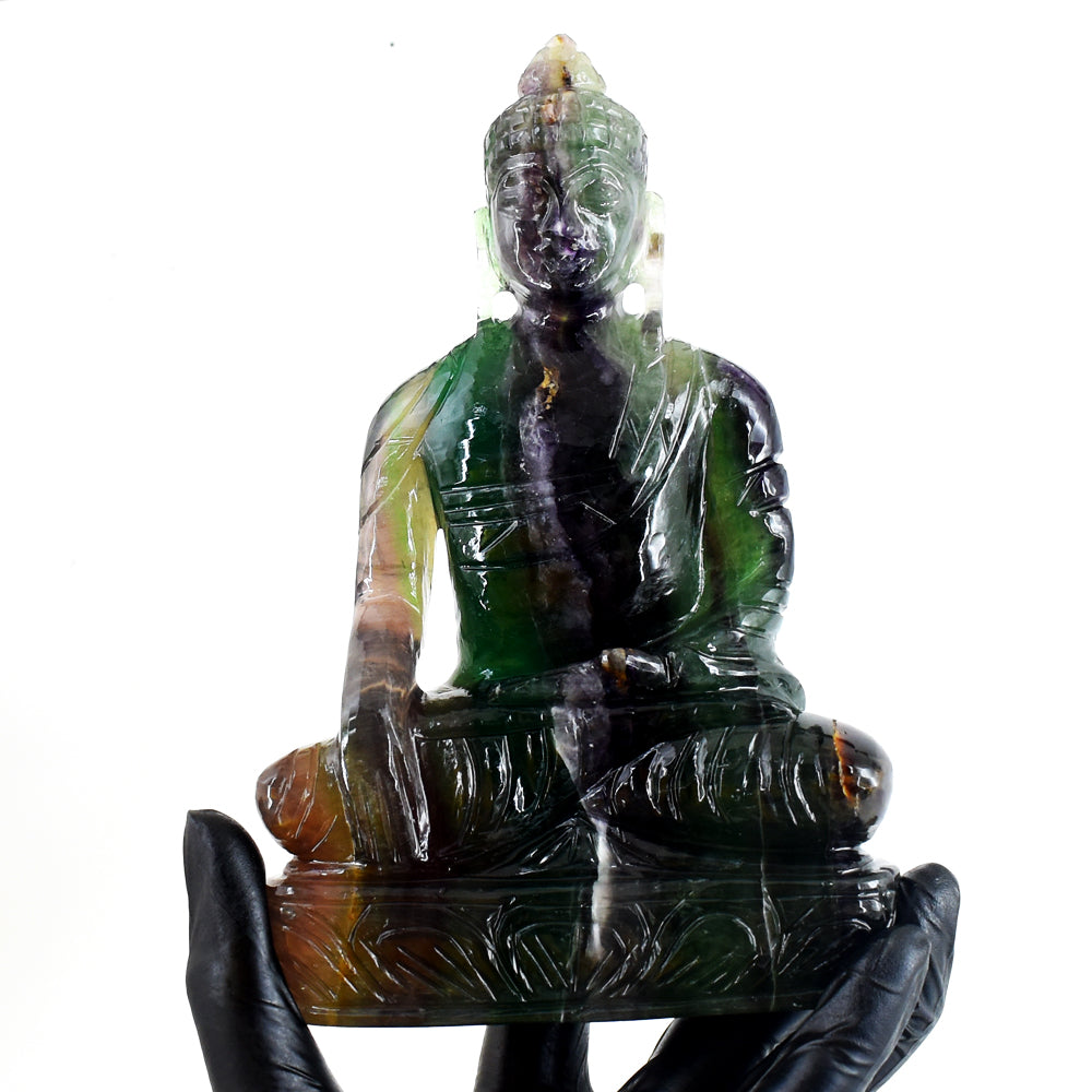 Exclusive 5333.00 Cts Genuine Multicolor Fluorite Hand Carved Crystal Gemstone Buddha Idol Carving