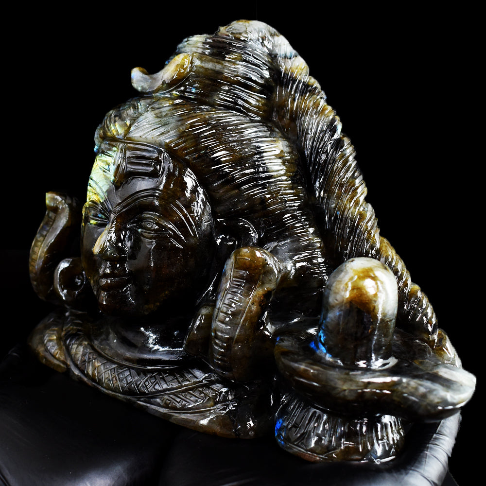 Artisian 12030.00 Cts Genuine Golden & Blue Flash Labradorite Hand Carved Crystal Shiva Head With Shivling Carving