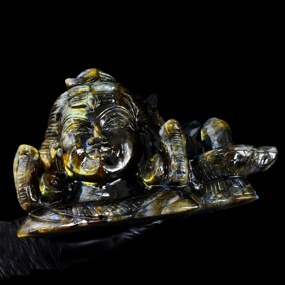 Artisian 12030.00 Cts Genuine Golden & Blue Flash Labradorite Hand Carved Crystal Shiva Head With Shivling Carving