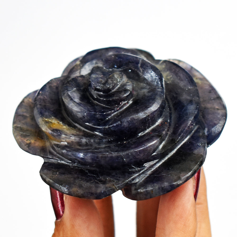 Natural  396.00  Carats  Genuine  Hand  Carved  Blue  Iolite  Flower  Rose  Gemstone  Carving