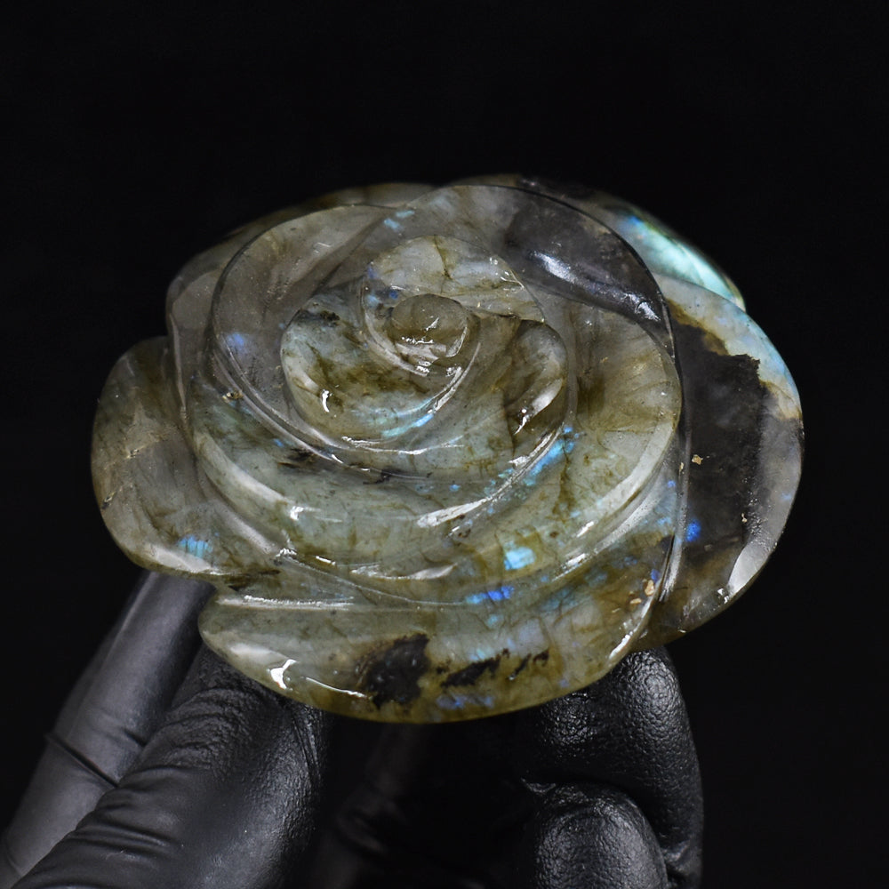 Genuine 490.00 Cts Blue Flash Labradorite Hand Carved Crystal Gemstone Rose Carving