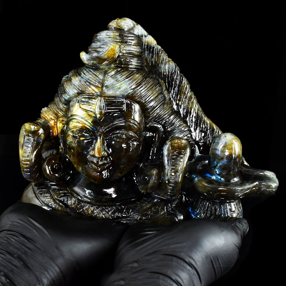 Artisian 12030.00 Cts Genuine Golden & Blue Flash Labradorite Hand Carved Crystal Shiva Head With Shivling Carving