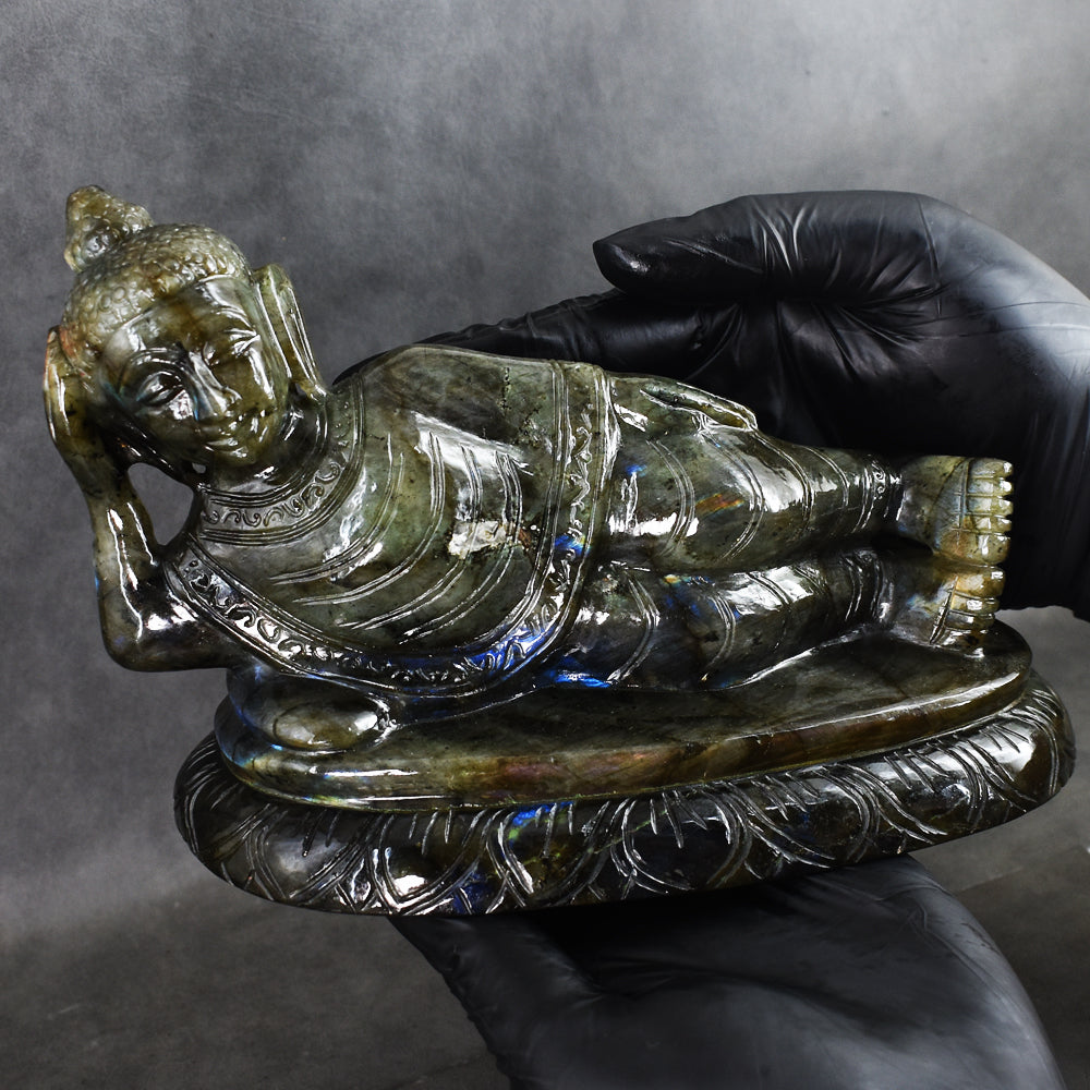 Exclusive 7235.00 Cts Genuine Blue Flash Labradorite Hand Carved Crystal Sleeping Buddha Gemstone Carving