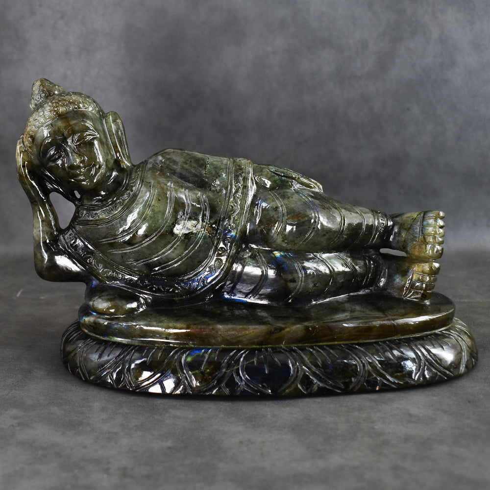 Exclusive 7235.00 Cts Genuine Blue Flash Labradorite Hand Carved Crystal Sleeping Buddha Gemstone Carving