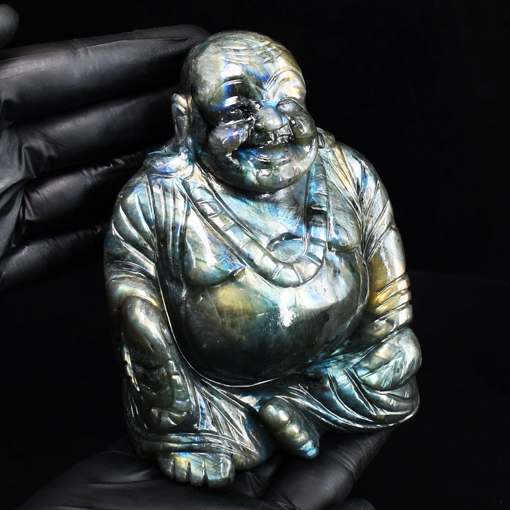 Awesome 4964.00 Cts Genuine Amazing Flash Labradorite Hand Carved Gemstone Laughing Buddha Carving