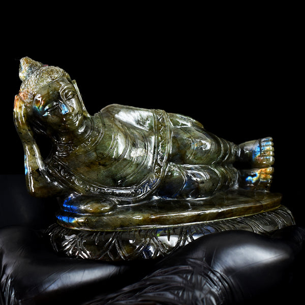 Exclusive 7235.00 Cts Genuine Blue Flash Labradorite Hand Carved Crystal Sleeping Buddha Gemstone Carving