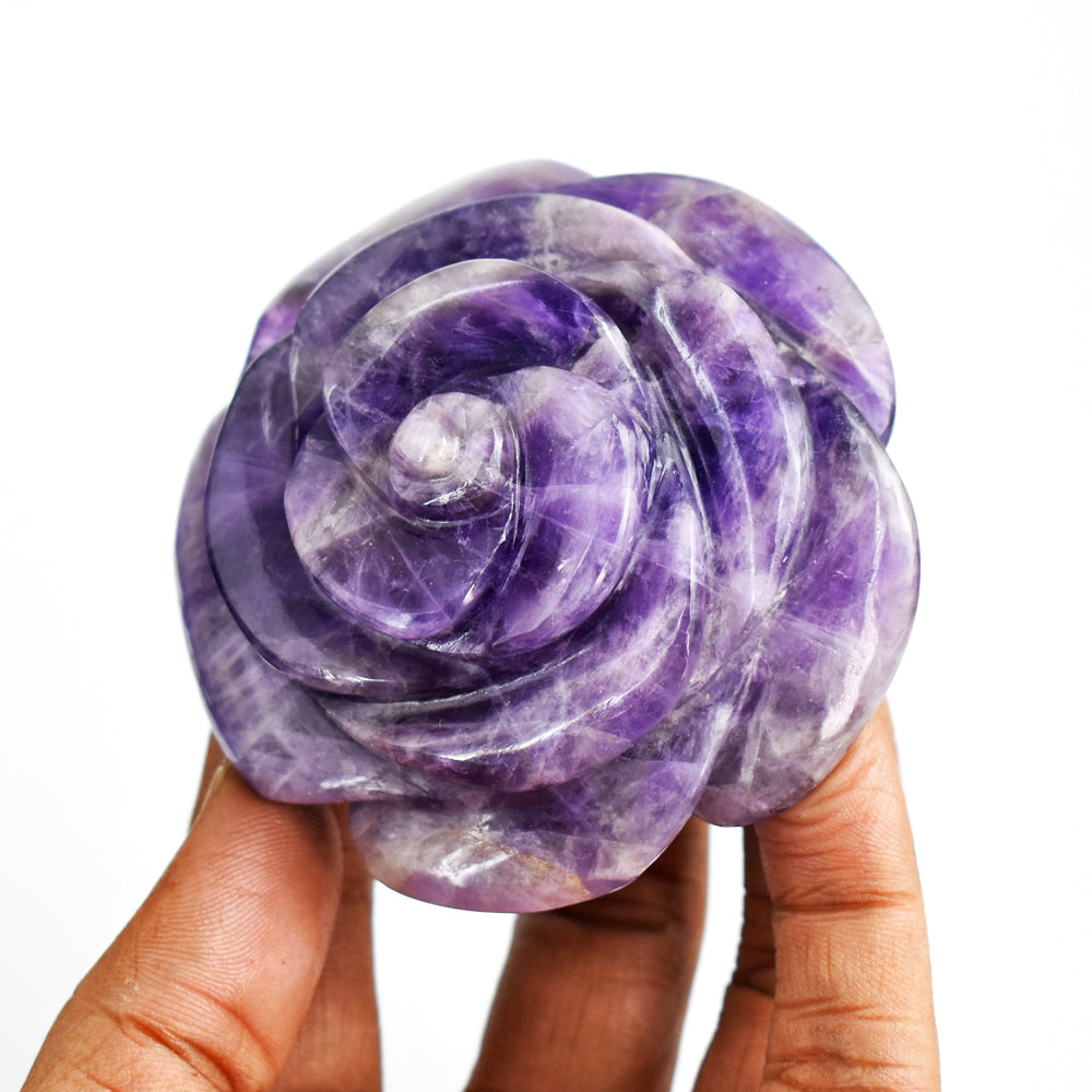 Natural  876.00 Carats Genuine Amethyst Hand Carved Crystal Rose Flower Gemstone  Carving