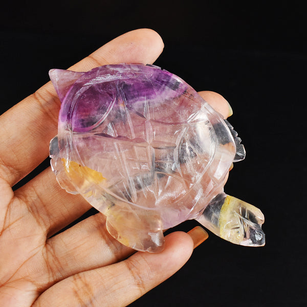 Awesome  362.00 Carats Genuine  Hand Carved  Multicolor Fluorite Crystal  Gemstone Turtle Carving