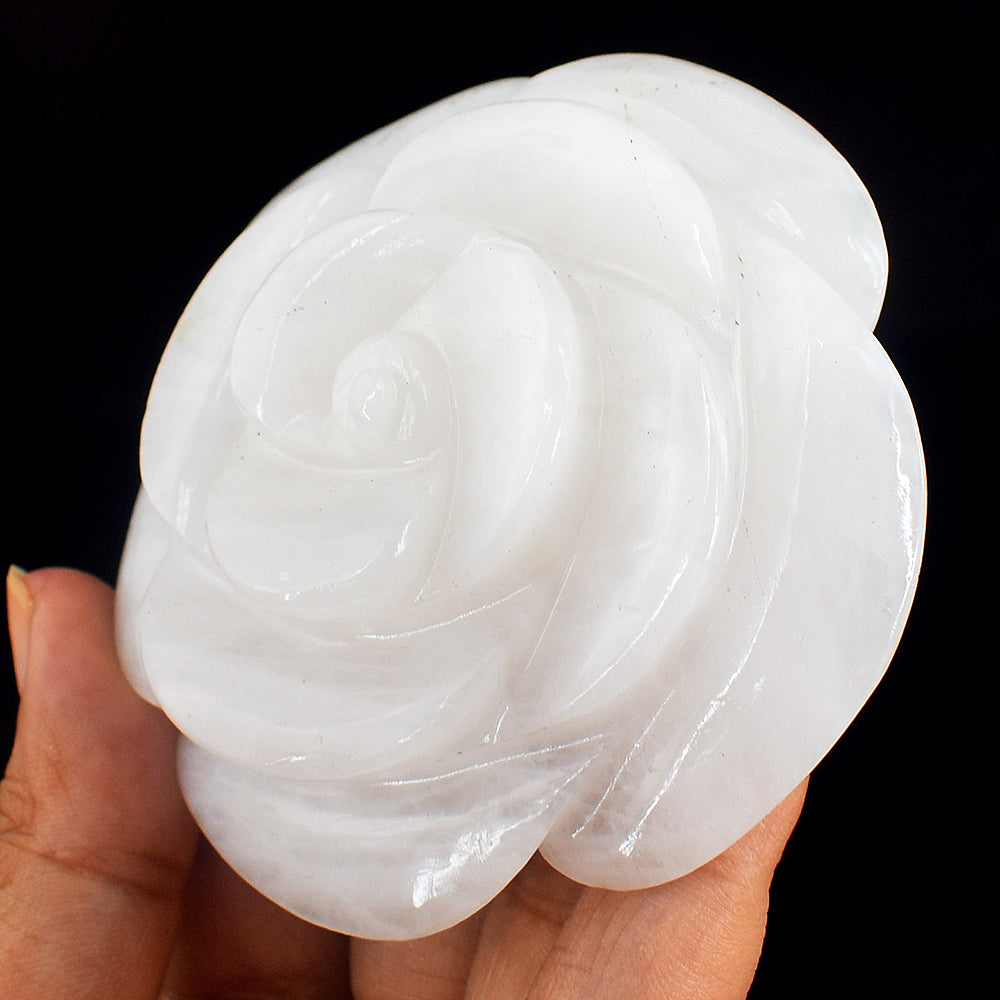 Natural 596.00 Carats Genuine White  Quartz Hand  Carved  Rose  Flower Carving Gemstone