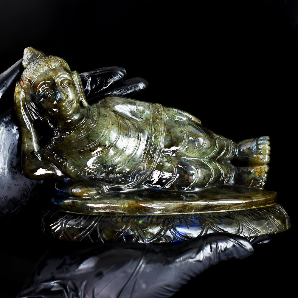 Exclusive 7235.00 Cts Genuine Blue Flash Labradorite Hand Carved Crystal Sleeping Buddha Gemstone Carving