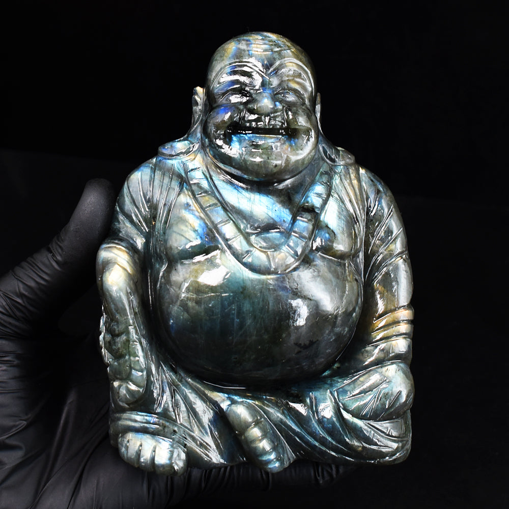 Awesome 4964.00 Cts Genuine Amazing Flash Labradorite Hand Carved Gemstone Laughing Buddha Carving