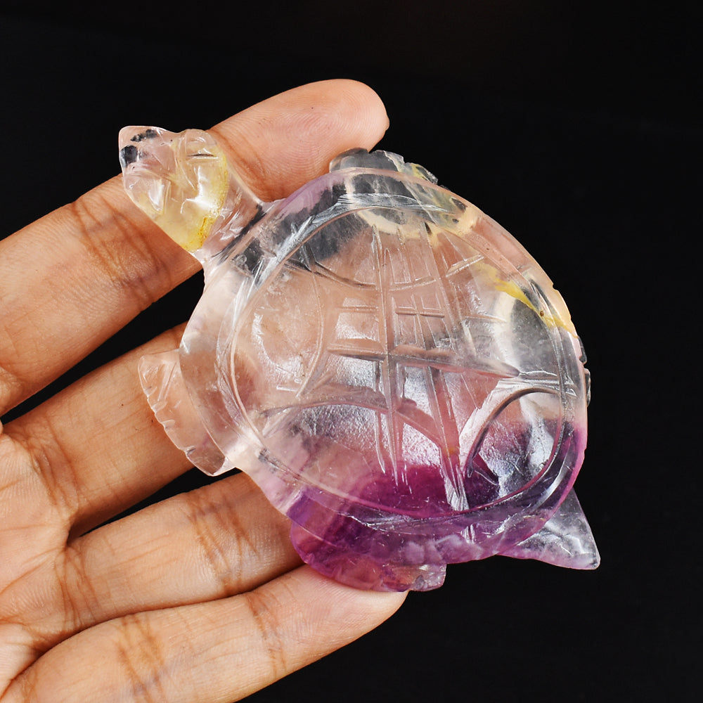 Awesome  362.00 Carats Genuine  Hand Carved  Multicolor Fluorite Crystal  Gemstone Turtle Carving