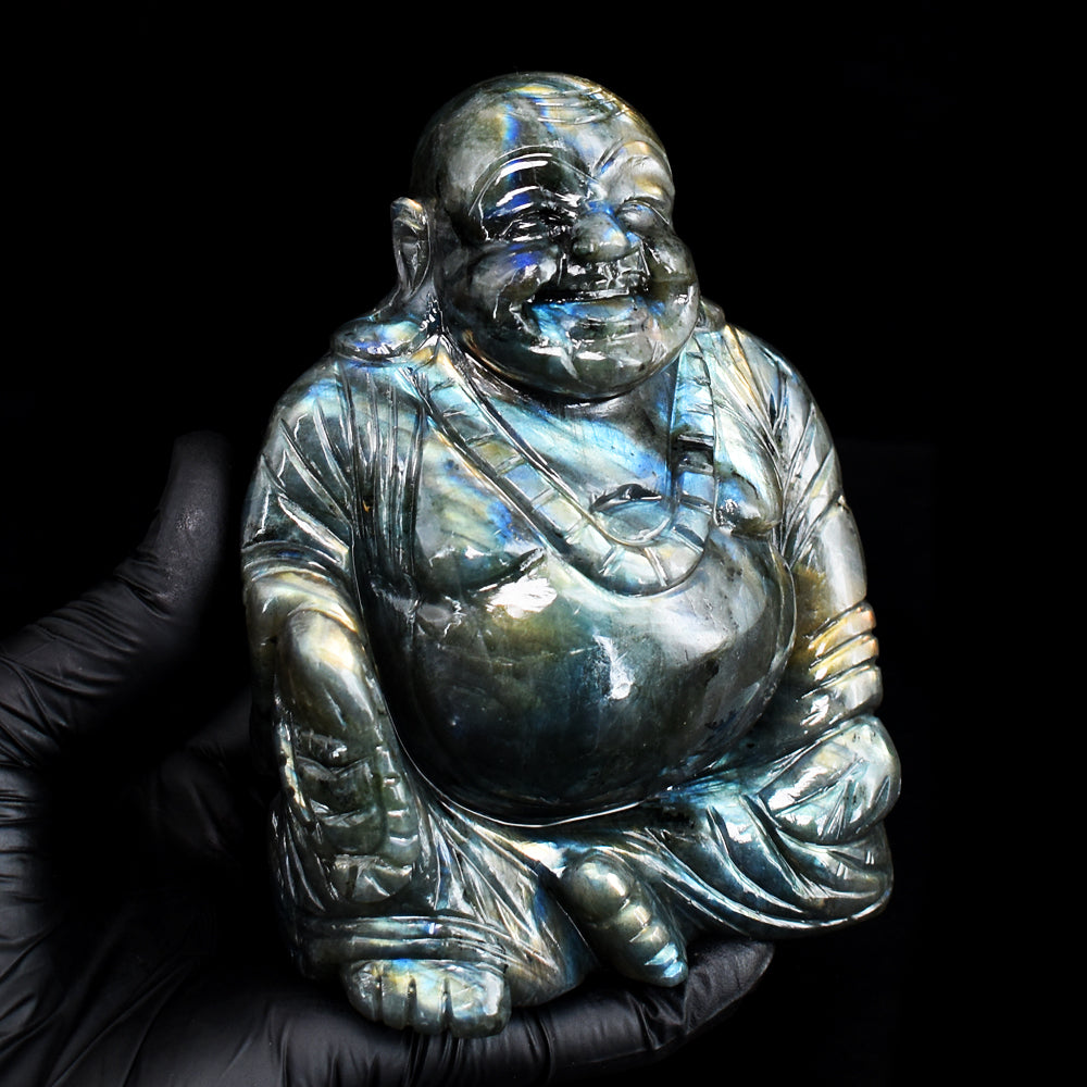 Awesome 4964.00 Cts Genuine Amazing Flash Labradorite Hand Carved Gemstone Laughing Buddha Carving